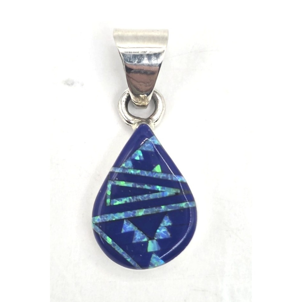 Blue Opal Lapis Lazuli Teardrop Pendent‎ Aztec Print Handmade Dainty Signed NEW